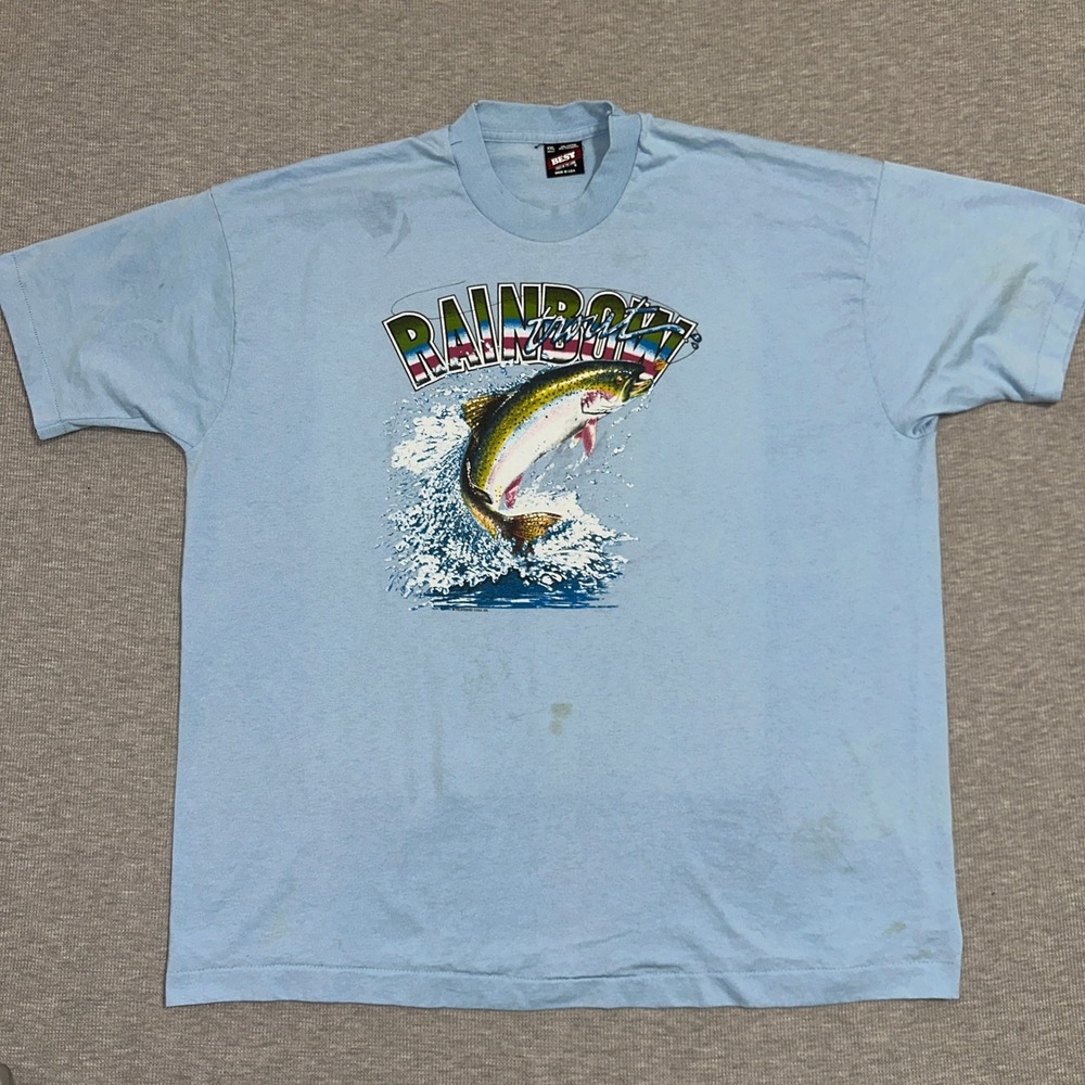 Vintage 90s Rainbow Trout Fly Fishing Graphic Tee Light Blue Single Stitch 2XL